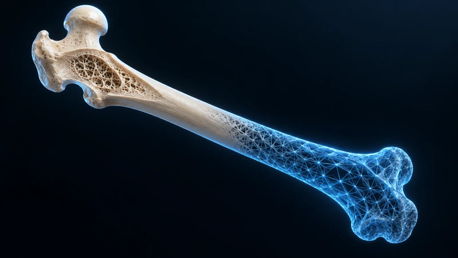 AI concept image of a femur with a digital 3D mesh and porous structure