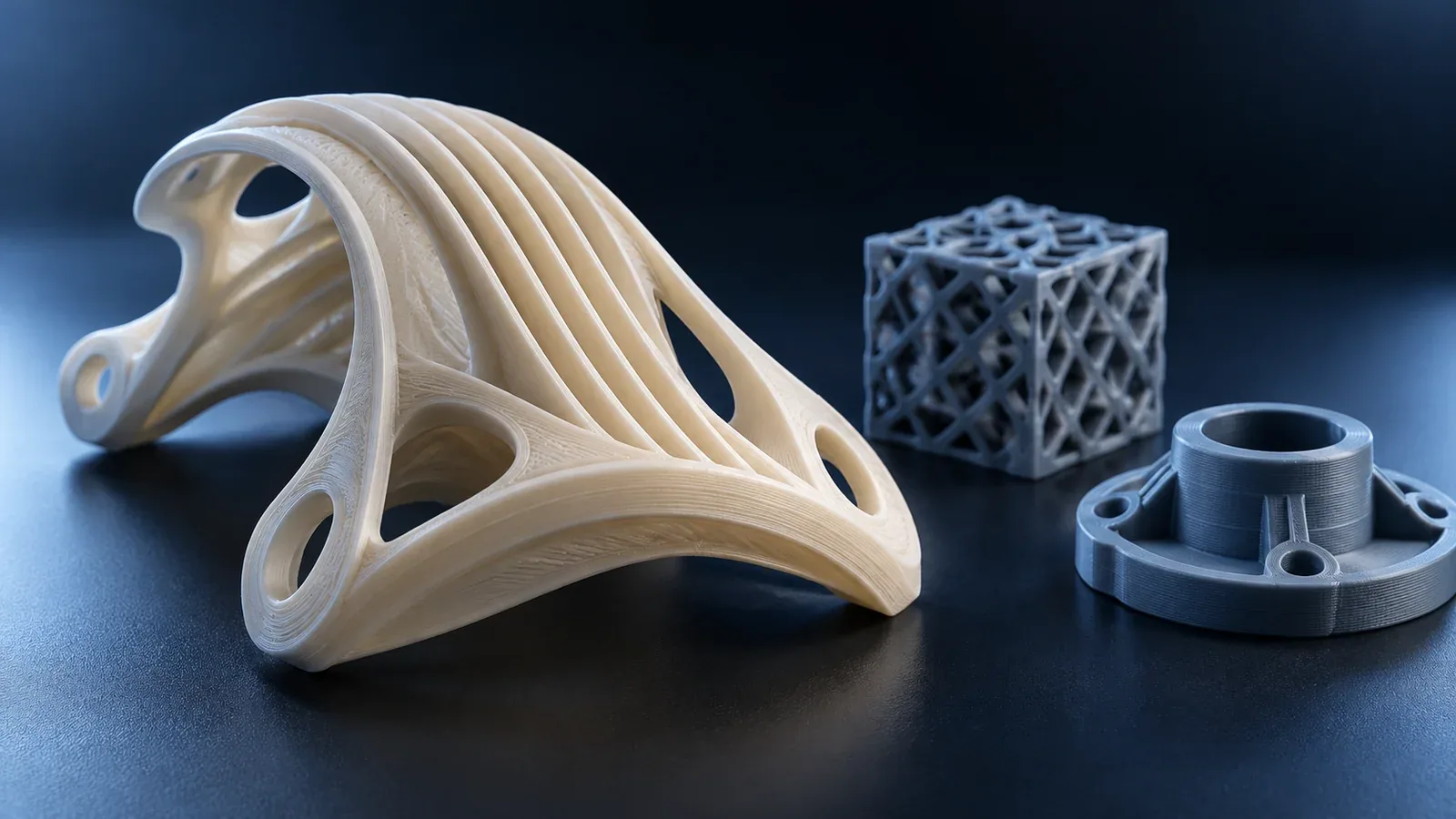 AI concept image of additively manufactured plastic prototypes: ribbed shell, lattice cube and ring-shaped part