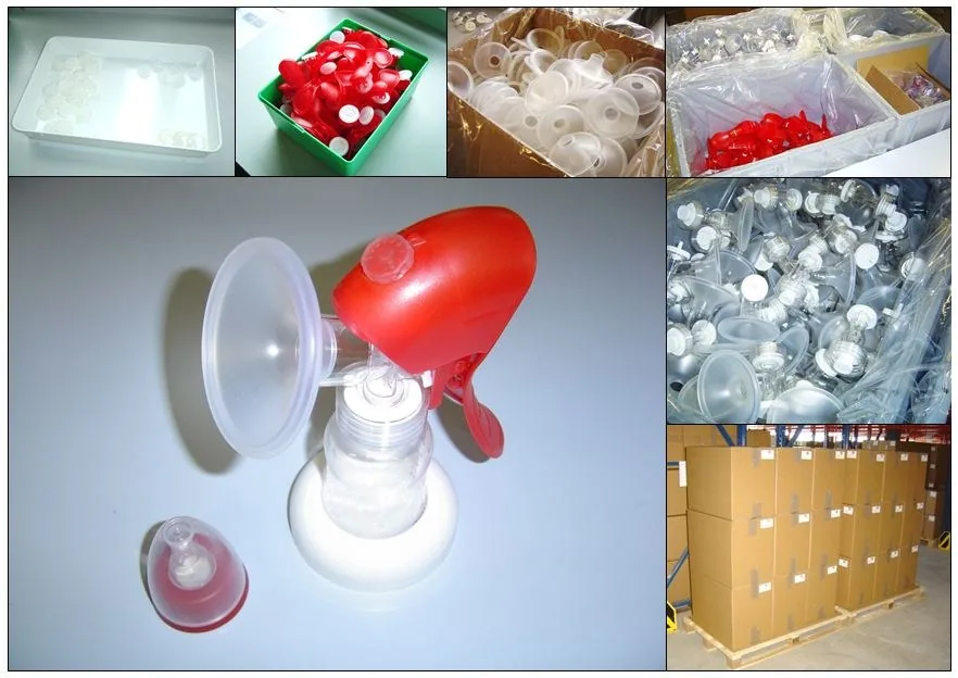 Archive collage of a red manual breast pump with components and views of production