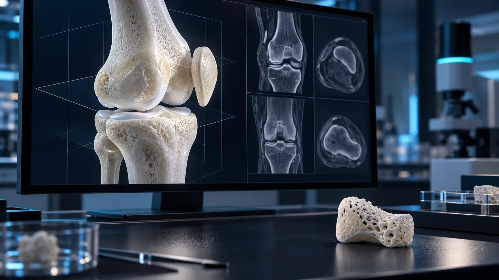 AI concept image of a digital knee-joint reconstruction on a screen with a porous research sample in the foreground