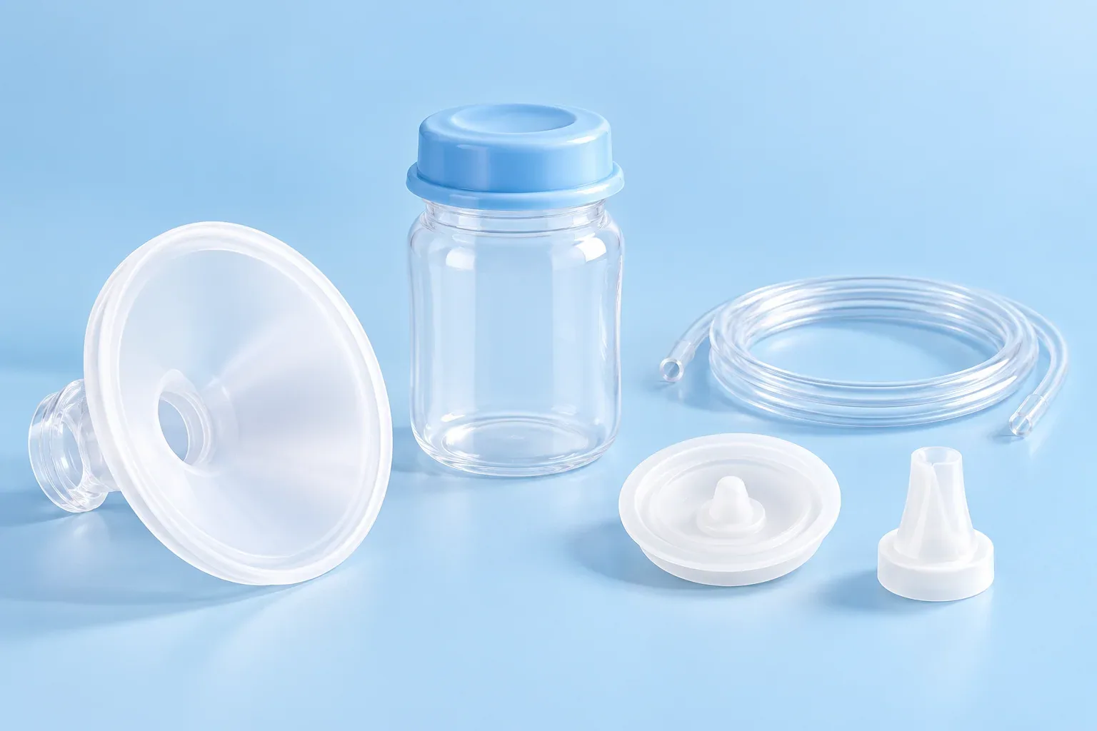 Illustration of a breast shield, collection bottle, silicone components and tubing as accessory categories