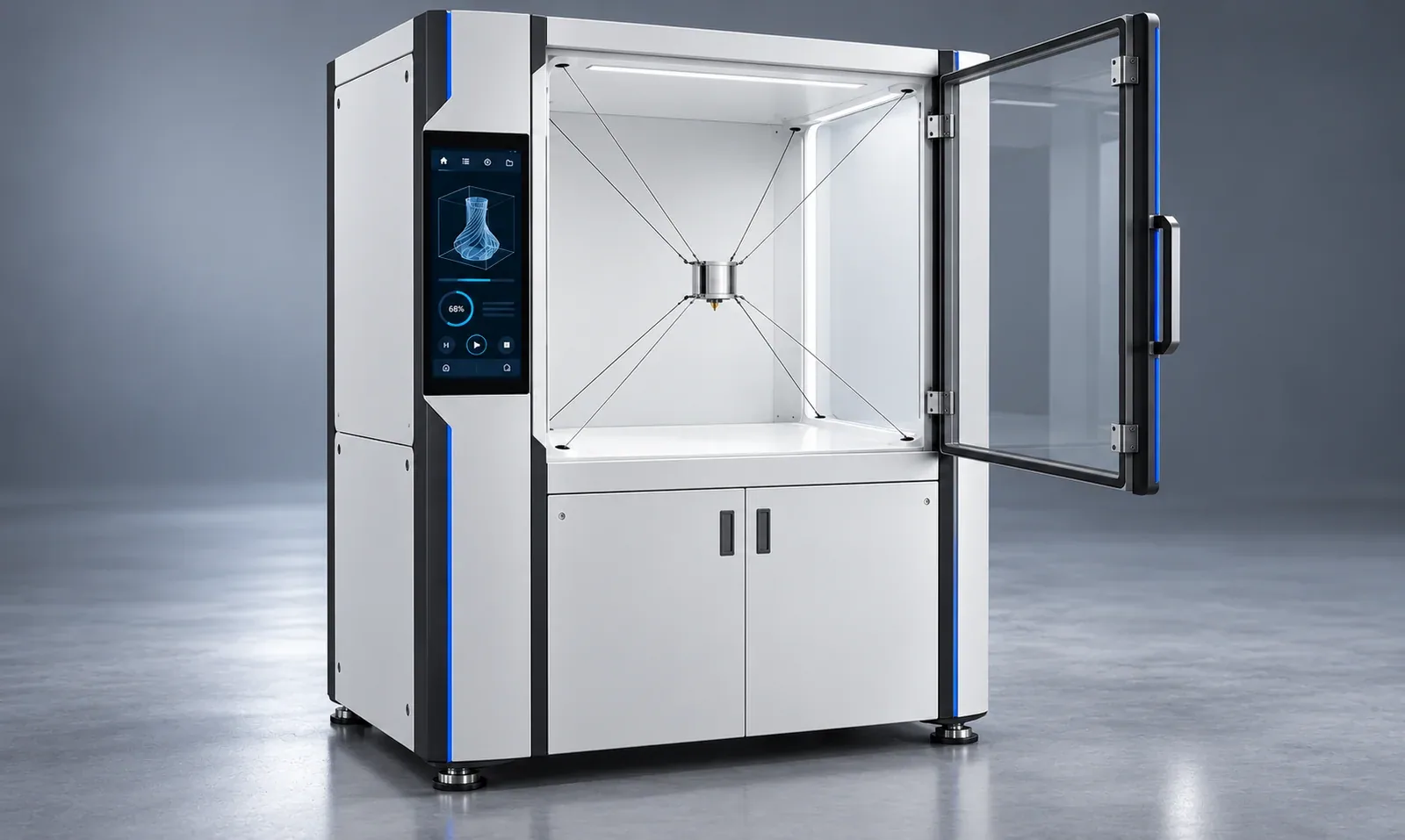 Design study of a roughly person-height, floor-standing Trimed eight-cable robot with cable drives concealed inside the enclosure, integrated touchscreen and open transparent access door